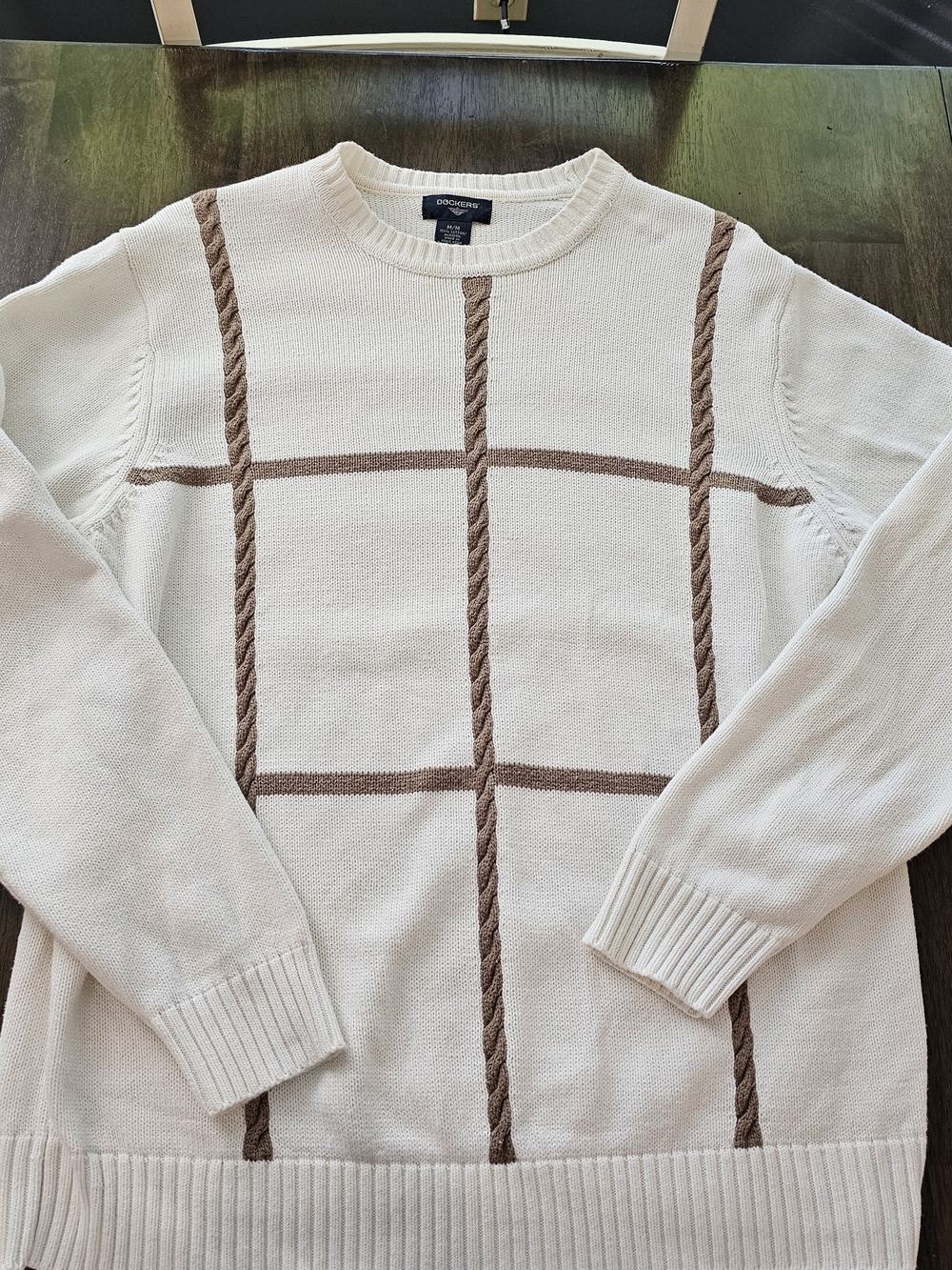 Dockers 100% Cotton Mens Cream And Brown Cable-Accent Crewneck Sweater